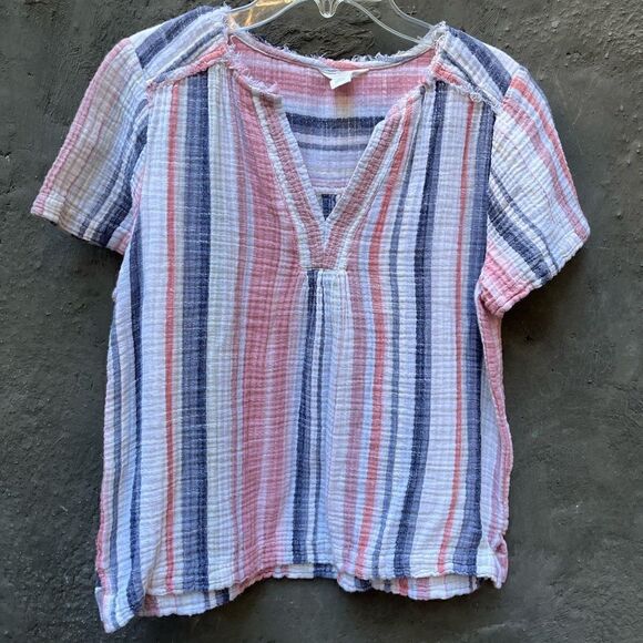 CASLON MULTICOLOR VERTICAL STRIPE BOXY COTTON SHORT SLEEVE TOP PETITE SMALL - Picture 2 of 12